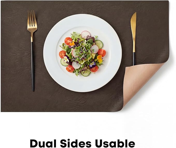 Artoid Mode Coffee Faux Leather Placemats Set of 6, 12x18 Inch Waterproof Wipeable Heat Resistant Vinyl Place Mats, Reversible Table Mats for Kitchen Dining Decor