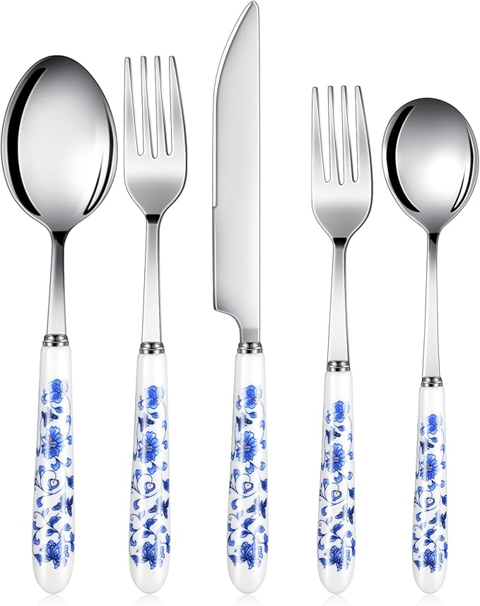 5 Pcs Chinoiserie Silverware Set Blue White Porcelain Ceramic | Stainless Steel by RimCereal