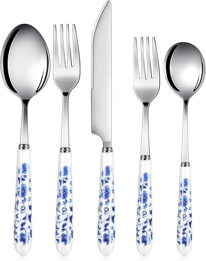 10 Pcs Chinoiserie Silverware Set Blue and White Porcelain Silverware Christmas by RimCereal