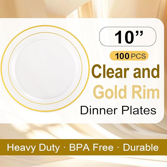I00000 100PCS Clear Gold Plastic Plates, Clear Dinner Plates with Gold Rim 10 Inch, Fancy Disposable Wedding Premium Plastic Plate for Wedding & Party