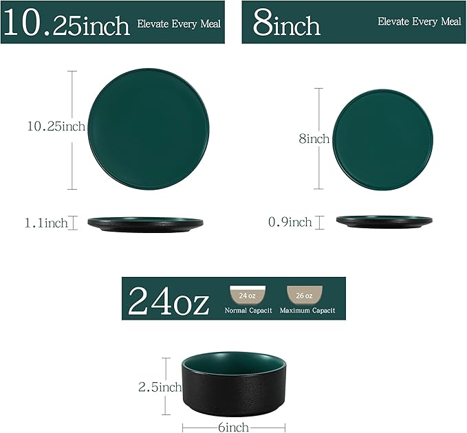 12 Piece Ceramic Dinnerware Set for 4, Modern Minimalist Stoneware Dinner Plates and Bowls, Microwave Safe, Dishwasher Safe, Versatile for All Seasons, Matte Green