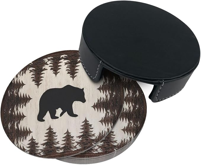 6 Pcs Bear and Pines Leather Coasters - Image 4