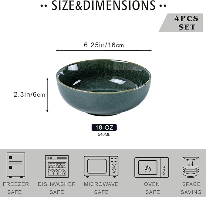 UNICASA Ceramic Cereal Bowls Set, 18 OZ Salads Bowls Set of 4, Dessert Serving Bowl for Soup, Reactive Glaze Ramen Bowls, Microwave Oven and Dishwasher Safe (Teal)
