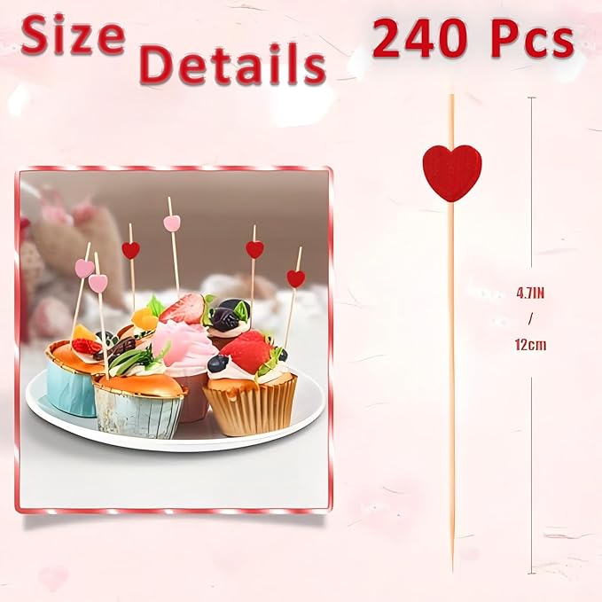 240 PCS Red Love Heart Shaped Cocktail Picks, 4.7Inch Bamboo Fancy Toothpicks for Appetizers, Cocktail Skewers Sticks Selected for Weddings, Valentines Day, Desserts, Charcuterie, Food, Drinks