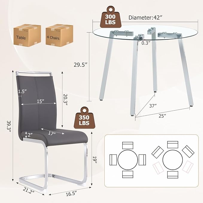42" Round Glass Dining Table Set for 4,Modern Breakfast Table Set for 4 with Silver Chrome Legs,Space Saving Kitchen Table and Grey Chairs for Apartment,Easy Assembly