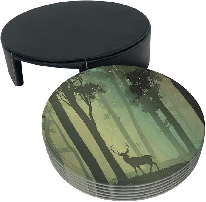 6 Pcs Deciduous Forest Bird Deer Leather Coasters - Image 4