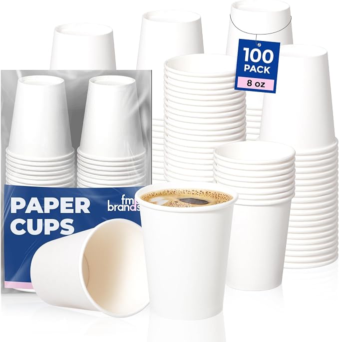 Fit Meal Prep 100 Pack 8 oz Disposable Paper Coffee Cups, Premium White Hot Cups by FMPBRANDS