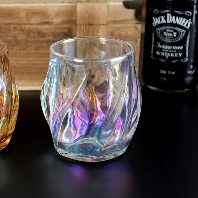 Whiskey Glasses Set of 2, Colorful Rock Glass, 8.5 OZ Drinking Glasses, Creative Twisted Crystal Old Fashioned Tumbler for Bourbon, Scotch, Cocktail, Tequila, Wine, Rum