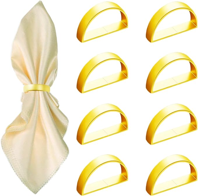 8 Pcs Gold Napkin Rings - Metal Napkin Ring(Semicircle) Stainless Steel Napkin Rings for Table Settings Wedding Christmas Party Dinner Table