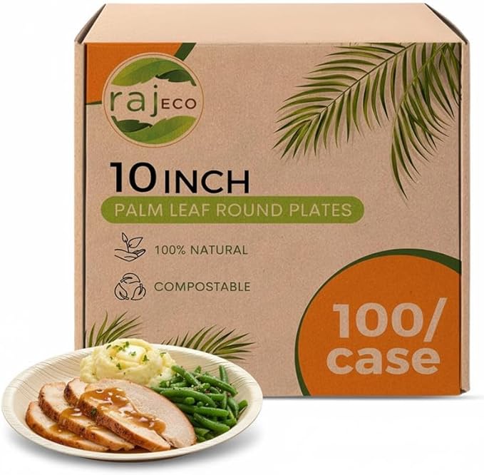 Raj Palm Leaf Plates [50-Pack] 10" Round Plates (2 CASES - 100 PACK) like Bamboo plates Disposable, Strong, Decorative Compostable Tableware for weddings, Lunch, Birthday, Camping, Outdoor