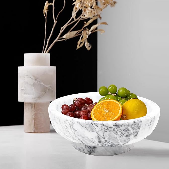 Natural Marble Fruit Bowl for Kitchen Counter, 10.2" Large Luxury Home Decorative Bowl, Modern Pedestal Key Organizer Bowl, 10 lb Heavy Solid Marble Decor for Centerpiece Entryway & Coffee Table
