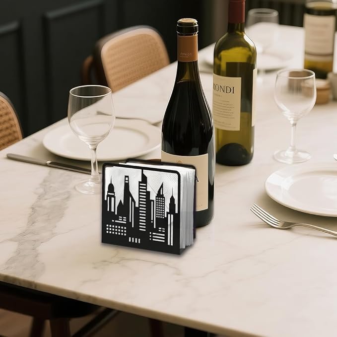 Skyline City Buildings Decorative Black Metal Napkin Holder for Table, 4.9" x 4.7" x 1.9" Skyscraper Standing Napkin Holder for Home Kitchen Restaurant Picnic Party Coffee Bar Dining Room