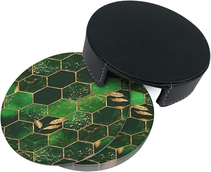 6 Pcs Leaves Marble Honeycomb Plaid Geometric Abstract Green Leather Coasters - Image 5