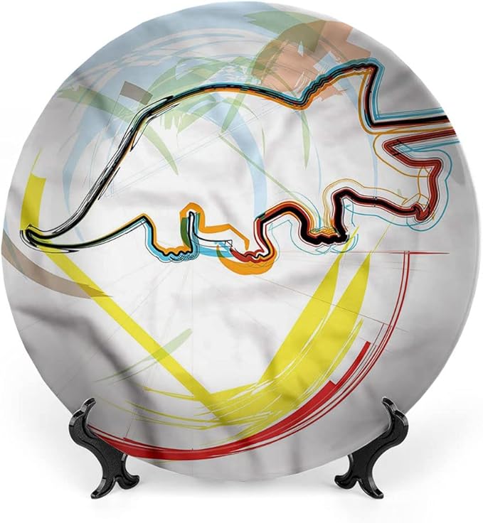 Decorative Plates, Dinosaur Print Ornament, Triceratops Sketch Lines, 10 Inch, 1 Plate with 1 Display Stand, Multicolor