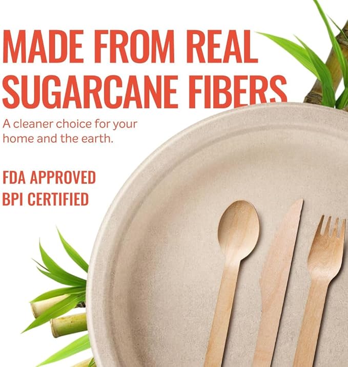Heavy Duty Disposable Paper Plates 10 inch - Set of 125 | Compostable | Made from Sugarcane Bagasse | Biodegradable Dinner Plates | Rustic Dinnerware for Christmas, Wedding, Party