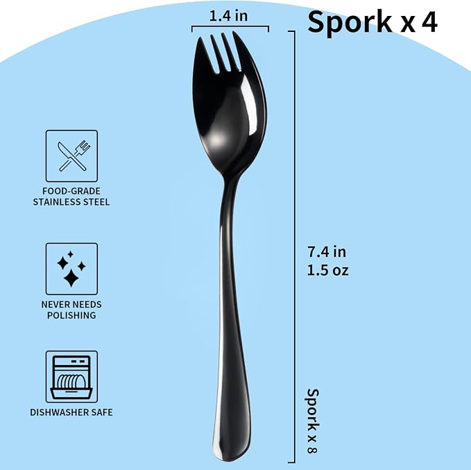Alata Black Mirror Sporks 4-Pack Set Stainless Steel Sporks, 7.4 Inches Long - Image 3