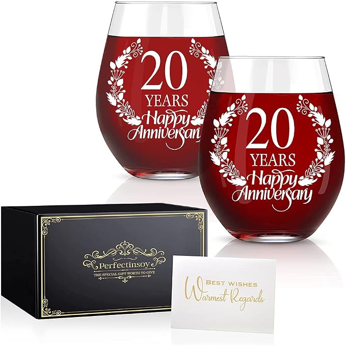 Perfectinsoy 20 Years Happy Anniversary Wine Glass Set of 2, Happy 20th by Perfectinsoy