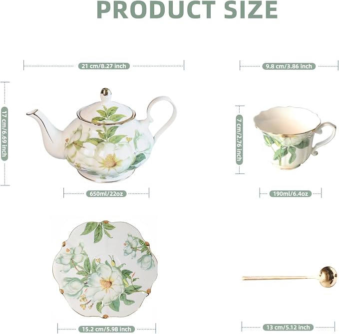 Vintage Porcelain Floral Tea Set — 22oz Teapot + 2 Tea Cup & Saucer Sets + 2 - Image 2