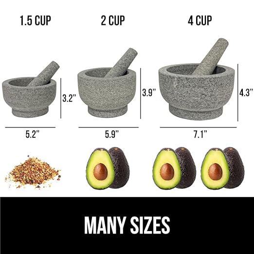 GORILLA GRIP Heavy Duty Mortar and Pestle Set with Slip Resistant Base, 100% Granite Stone Molcajete Guacamole Bowl, Grind Seeds, Garlic, Herb, Kitchen Muddler, Christmas Gifts for Chefs, 1.5 Cup Gray