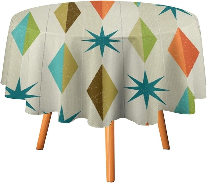 Mid Century Round Tablecloth, Modern Colorful Abstract Geometric Retro Art Printed Tablecloth for Home Party Dining Room Kitchen Decor 60Inch(152cm)