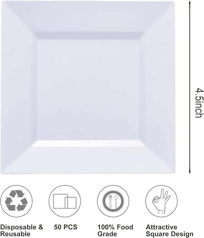 50PCS Square Plastic Plate-4.5 inch Disposable Dessert Plates- Premium Hard Square Small Appetizer Plates for Party/Birthday/Wedding & All Occasions (White)
