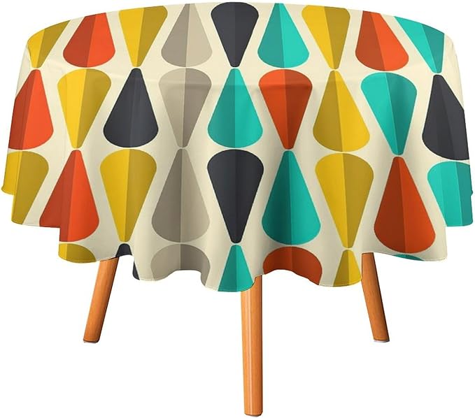 Vintage Bohemian Mid Century Round Tablecloth, Retro 50s 60s Geometric Pattern Print Tablecloth for Home Party Dining Room Kitchen Decor 60Inch(152cm)
