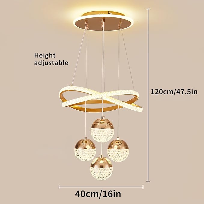 Modern Gold LED Chandeliers, 3-Color Dimmable Pendant Light for Kitchen Island, Dining Room, Living Room, Contemporary Hanging Ceiling Light, Adjustable Height, Perfect for Modern Home Decor.