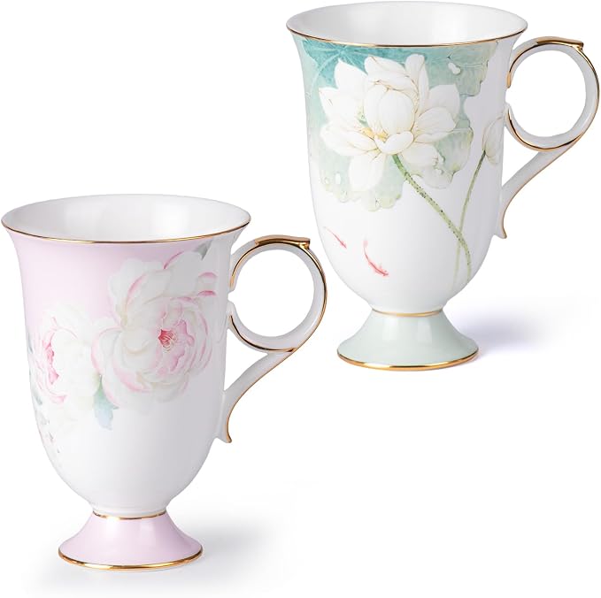 KAMMAK Bone China Coffee Mugs, 17oz Floral Tea Cups by KAMMAK
