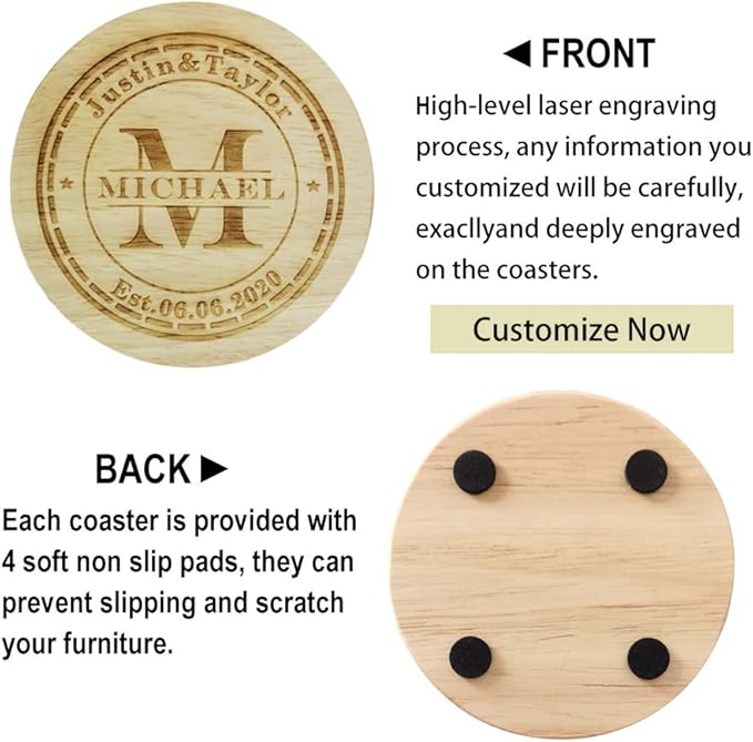 Personalized Wooden Coasters for Drinks - Custom Engraved, Monogram, Great Gifts for Relatives, Friends or Yourself (M, Set of 4)