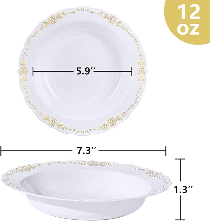 DaYammi 30 Pack Plastic Bowls with Gold Rim, 12oz Disposable Soup Bowls, Gold Bowls Disposable Heavy Duty Dinner Bowl for Wedding, Serving bowls for Party, Dinners, Catering and Everyday Use