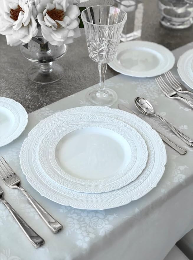 " OCCASIONS " 640pcs set (80 Guests)-Extra Heavyweight Vintage Wedding Disposable/Reusable Plastic Plates (80 x 11''+80 x 8.25'')+Silverware+12oz Cups+Napkins (Chateau CollectionWhite)