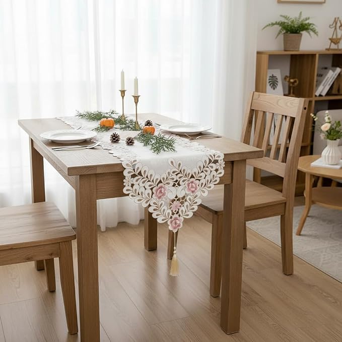 Classic Flowers Dining Table Runner Embroidery Tassel Floral Lace Table Runners - Image 4