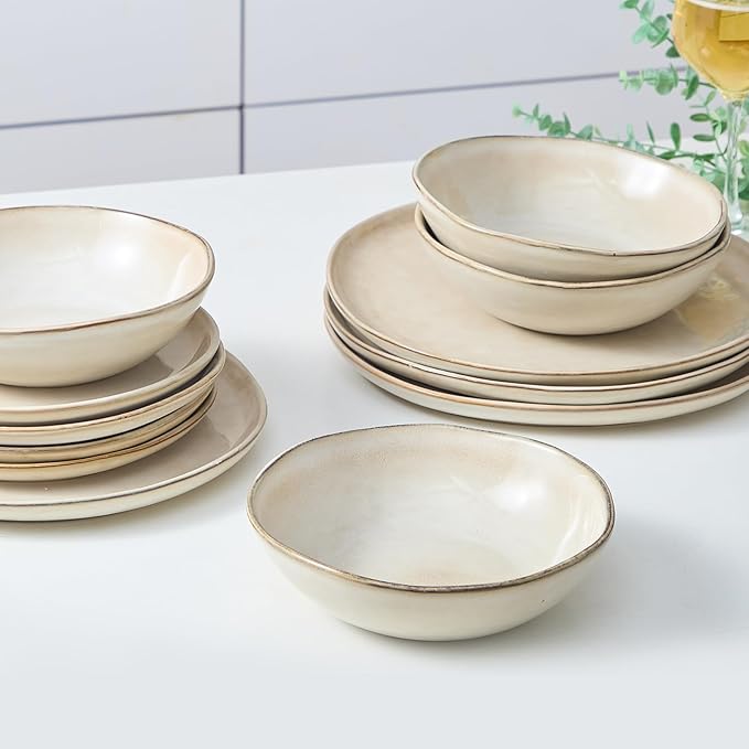 Bestone 12 Piece Round Kitchen Dinnerware Sets，Plates and Bowls sets,Dishes, Plates, Bowls, Dish Set, Chip Resistant Ceramic Dinnerware Set, Dishwasher/Microwave Safe,Service for 4,Brown
