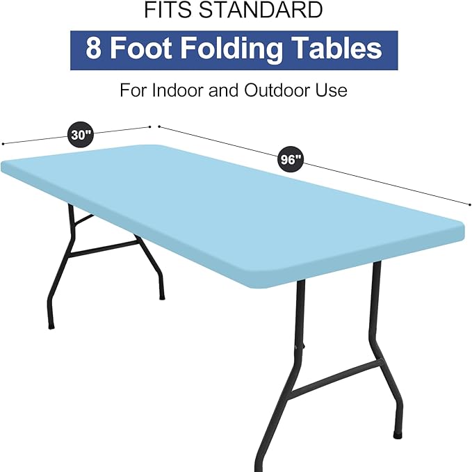 homing 2 Pack Rectangle Table Cloth, Elastic Fitted Fabric Tablecloth Fits for 8 Foot Folding Tables, Washable Table Cover for Picnic, Camping, Indoor & Outdoor (Light Blue, 30" x 96")