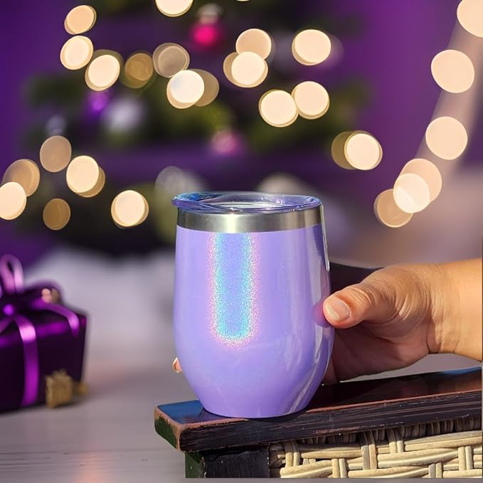CHILLOUT LIFE 12 oz Stainless Steel Wine Tumbler with Lid - Double Wall Vacuum Insulated Wine Cup Glass Keeping Cold & Hot for Coffee, Champagne, Cocktails, Ice Cream - Purple Sparkle