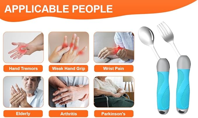 Weighted & Swivel Adaptive Utensils for Hand Tremors,Parkinson‘s - Comfort Grip Silverware Set, Eating Aids for Arthritis, Elderly & Weak Hands (Spoon & Fork)