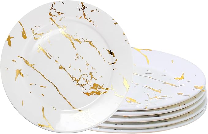 Modern 6-Piece Dinner Plate Set, 10-Inch White Marble Ceramic Plates with Gold Rim, Elegant Appetizer Salad Dessert Plates for Everyday Dining & Party.
