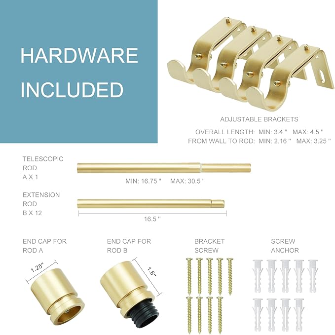 Curtain Rods for Windows 16 to 200 Inches Adjustable Length 1 Inch Diameter Window Curtain Rod with Aluminium Finials, Warm Gold