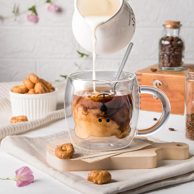 ecooe Cute Bear Mug Glass Coffee Cup 9.4oz Double Walled Glass Latte Mug | - Image 4