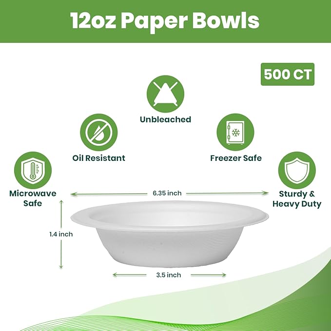Disposable Paper Bowls (500 Pack 12 oz), Heavy-Duty Compostable, Eco-Friendly, Bagasse Bowl for Soup, Salad, Dessert & More