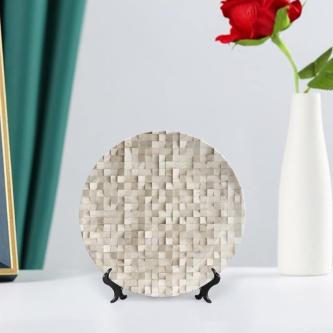 Ceramic Plates, Abstract Decorative Ceramic Plates, Wooden Cubes Print, 8 Inch, for Dining, Parties, Wedding, Tan