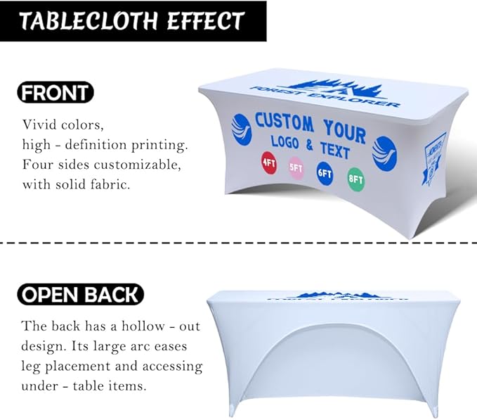 Personalized Table Cloth with Logo Image Customized Tablecloth 4FT/5FT/6FT/8FT Spandex Customized Table Cover Promotional Business Tradeshow Events Birthday Party Wedding (8FT Spandex(Open back))