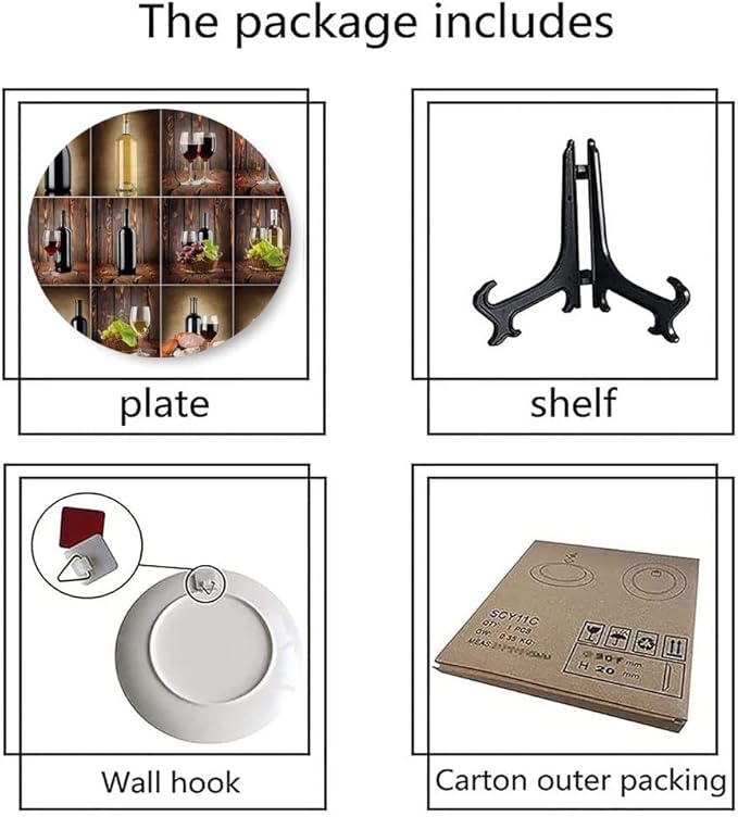 Ceramic Display Plate, Wine Ceramic Hanging Decorative Plate, Wine Themed Collage on Wooden Backdrop with Grapes and, 7 Inch, Household Custom Ceramic Plate, Brown Black Red