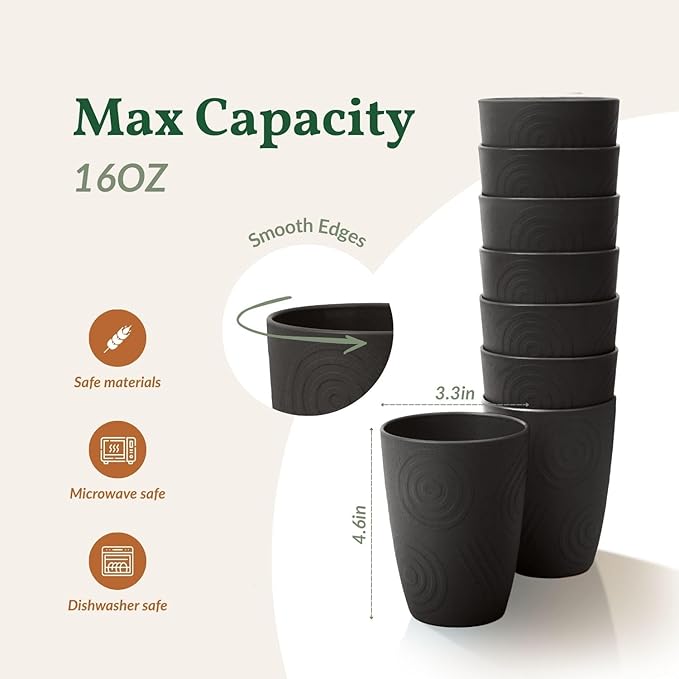 Homienly Drinking Cup Water Tumbler Wheat Straw Cup Set of 8 | Plastic Cups Reusable 16 OZ Drinking Glasses | Unbreakable Stackable Water Tumblers Dishwasher Safe Cup Set for Kitchen - Black
