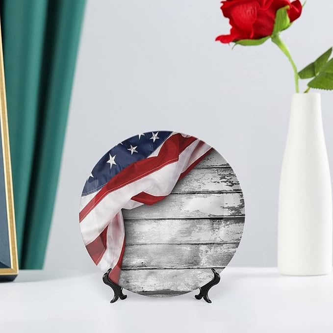 Ceramic Plates, American Flag Decorative Ceramic Plates, Flag on Wood Planks, 10 Inch, Household Plates Decorative, Multicolor