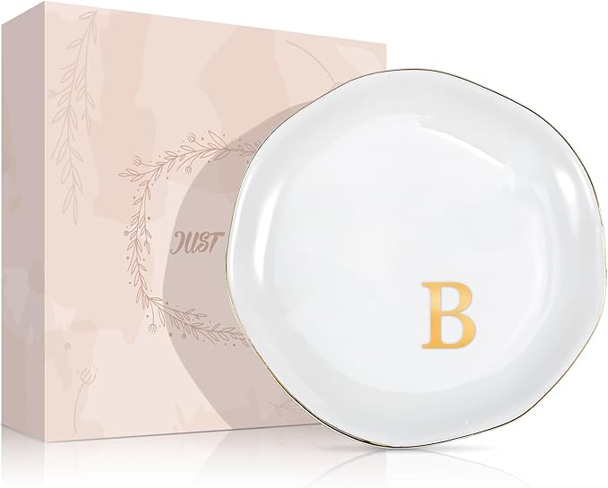 ProCase Ceramic Jewelry Tray, Initial Ring Dish Trinket Plate Engagement Gift, Small Personalized Monogram Ring Bowl for Wedding, White Decorative Jewelry Holder for Women Vanity -Letter B