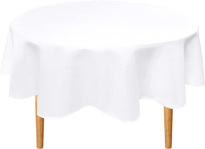 Hiasan Round Linen Tablecloth 60 Inch - Wrinkle and Stain Resistant Washable Polyester Fabric Table Cloth for Dining Room Kitchen Party, White