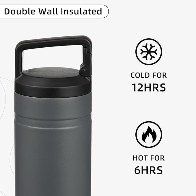 BJPKPK Insulated Water Bottle with 2 Lids,20 oz Double Wall Stainless Steel Vacuum Tumbler Travel Coffee Mug,Wide Mouth Thermal Cup,Grey