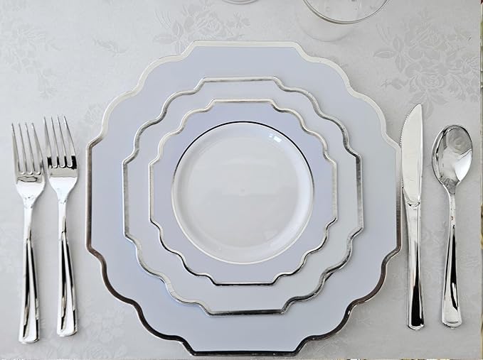 " OCCASIONS " 240 Plates Pack (120 Guests) Heavyweight Wedding Party Disposable Plastic Plates Set -120 x 10.5'' Dinner + 120 x 8'' Salad/Dessert Plate (Imperial in White/Blue & Silver)