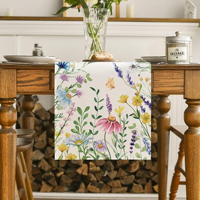 Artoid Mode Daisy Eucalyptus Lavender Floral Leaves Summer Table Runner - Image 2